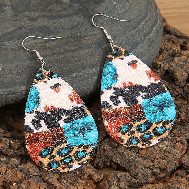 new drop-shaped retro cow leopard leather earrings western wind turquoise pattern pu earrings wholesale